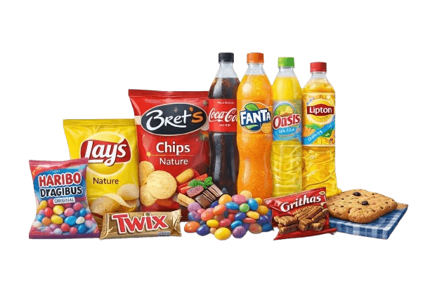 Produits O'LOCAL Market — chips, boissons, bonbons